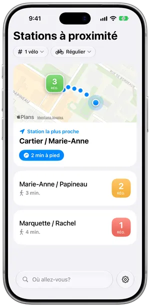 L'écran d'accueil de Stations : les stations à proximité, triées selon le temps de marche, avec leurs vélos.