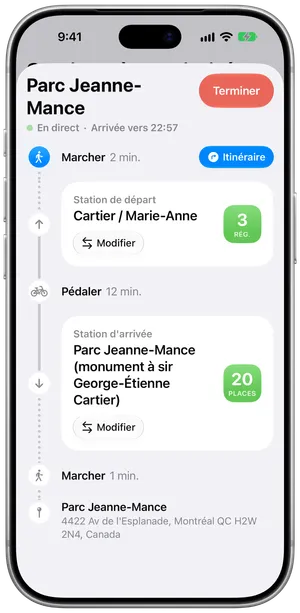 Un trajet dans Stations : marcher jusqu'à la station de départ, rouler jusqu'à la station d'arrivée, puis marcher jusqu'à destination.
