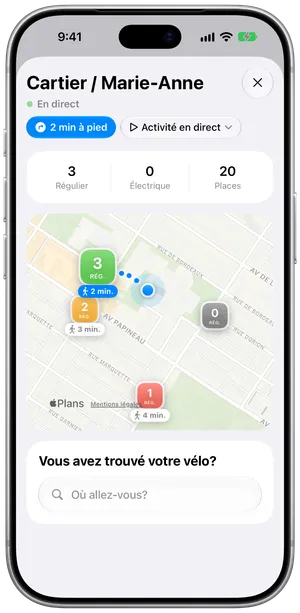 Une station dans Stations, avec ses vélos, ses vélos électriques et ses places.